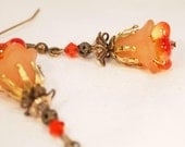 Victorian Style Brass and Orange Beaded Dangle Pierce Earring. OOAK Handmade Earrings.