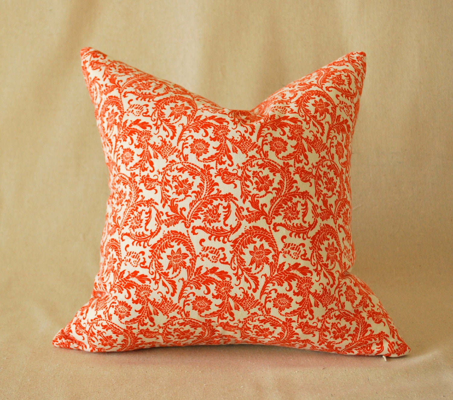 Pillow Cover Stylized Floral Red and Off White Vintage 16x16
