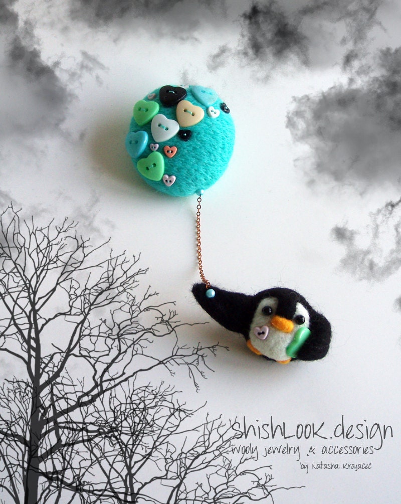 Flying penguin with mint balloon, Hand felted brooch, Cute jewelry,Felted Animal (MADE TO ORDER)