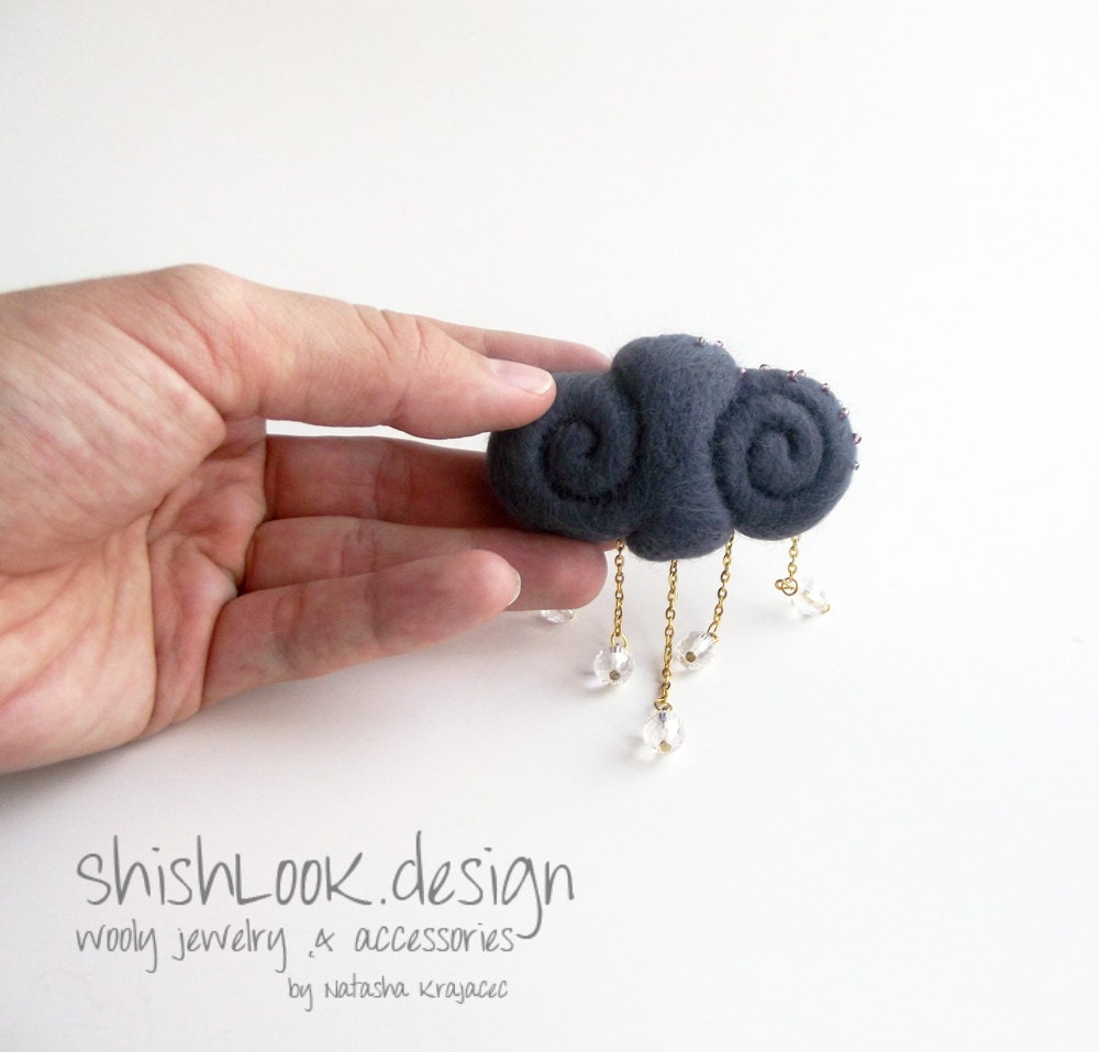 Rain Cloud, Weather Jewelry, Felted Brooch,Hand Felted Cloud , Grey Cloud