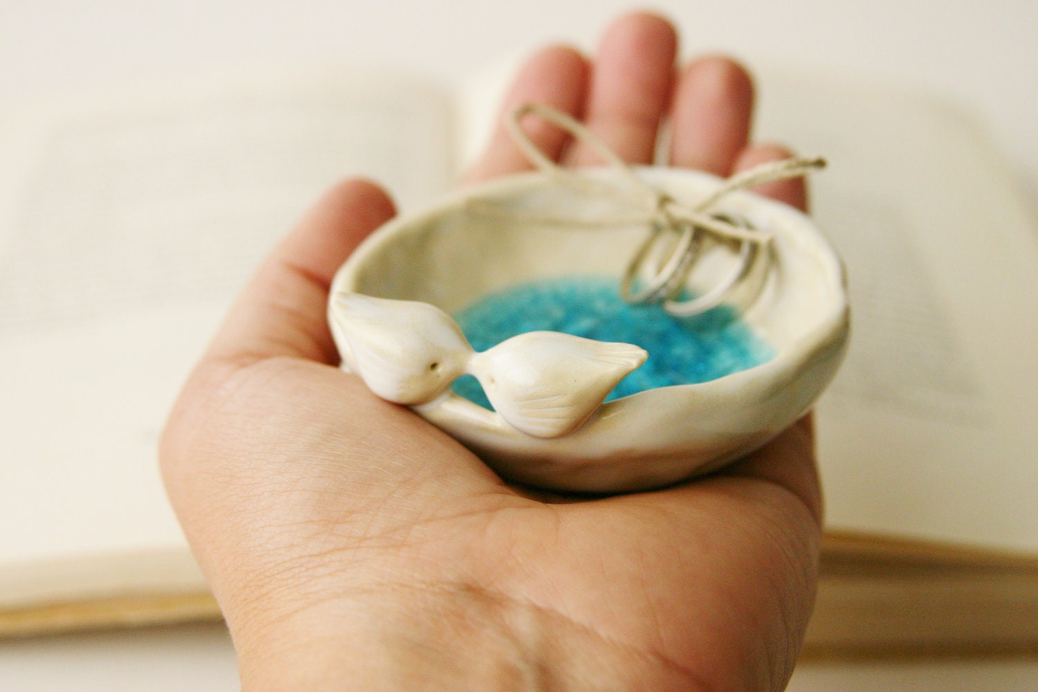 Wedding Ring Dish - Love Birds - Ring Bearer Bowl - Aqua Crackle Glass - French Cream