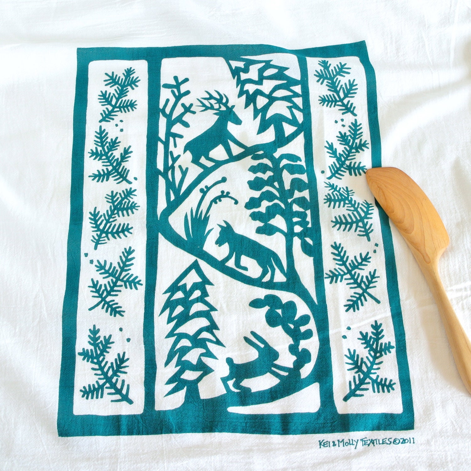 Flour Sack Dish Towel - Winter Animals: Red, Winter Green or Steel Blue
