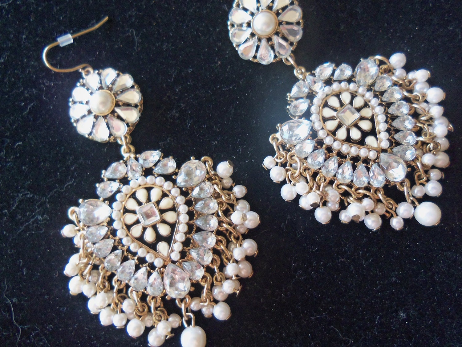Vintage Rhinestone Earrings Dangly Long Chunky Flower Faux Pearl Jewelry Mad Men Mod