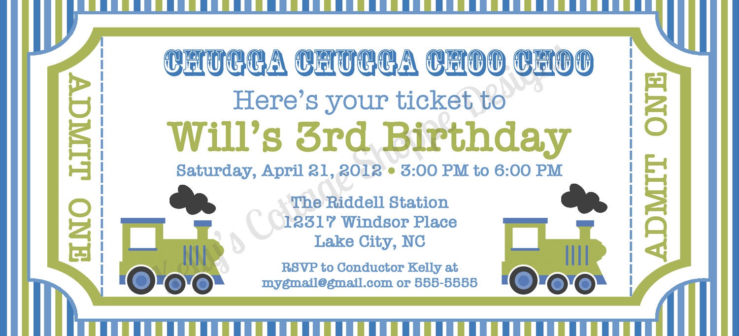 Vintage Train Ticket Invitation, Blue/Green- Custom, Printable Digital Birthday Invitation Il_570xn