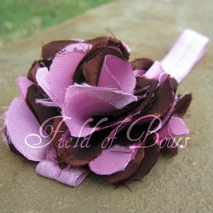 Shabby Chic Pink and Brown handmade satin rose headband for baby.  Dusty Rose, FOE