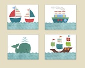 Set of 4 of prints for nursery or children's room- sailboat, nautical, tug boat, whale, ocean theme , pirate ship, Nursery Wall Art Print,