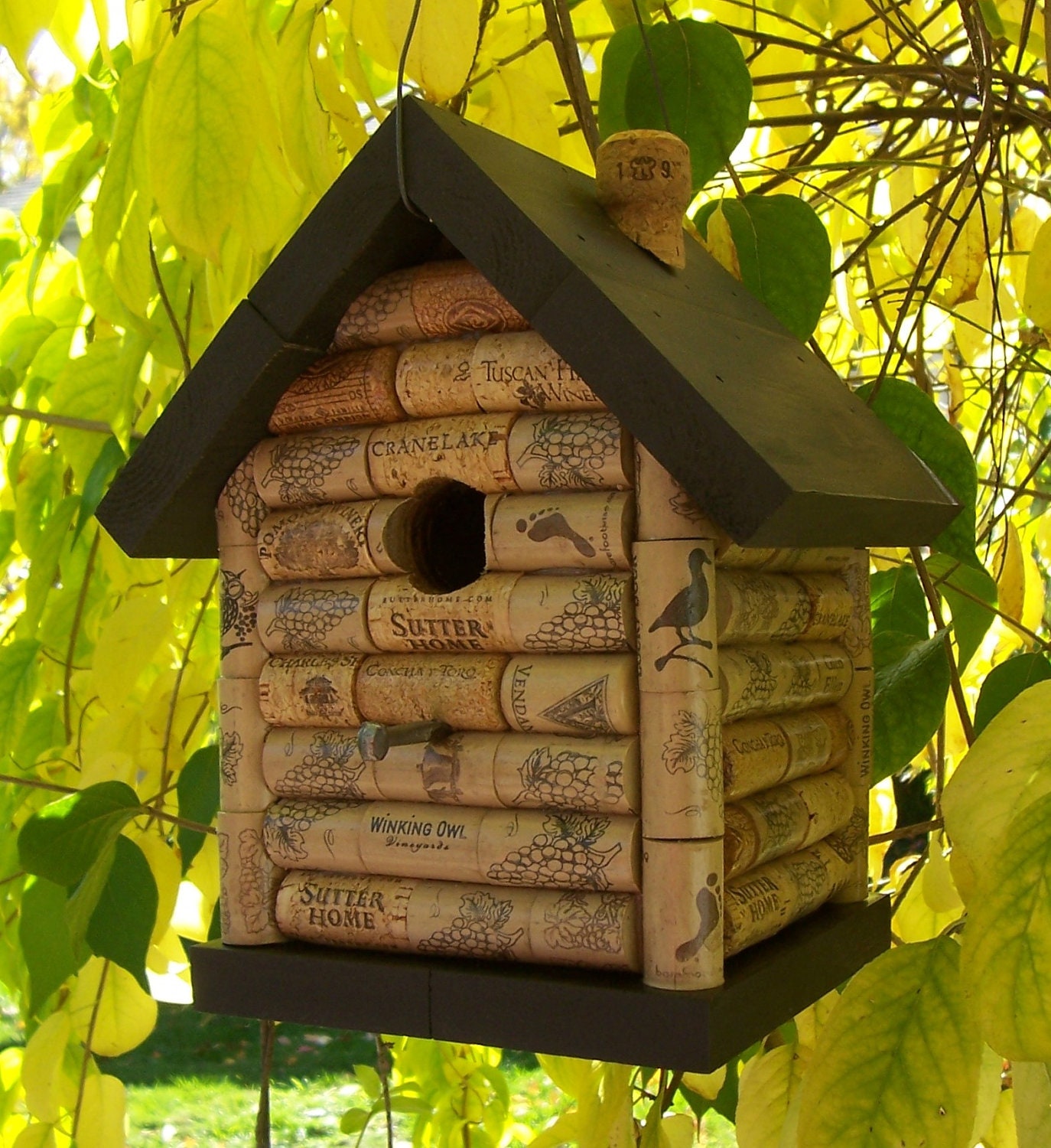 Wine Cork Cabin Birdhouse by OkawValleyBirdhouses on Etsy