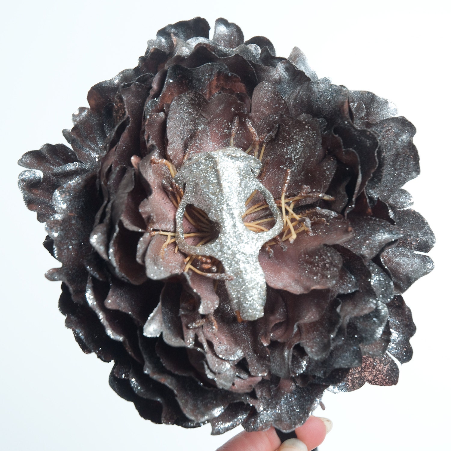 Sparkly silver peony headband with real encrusted animal skull.