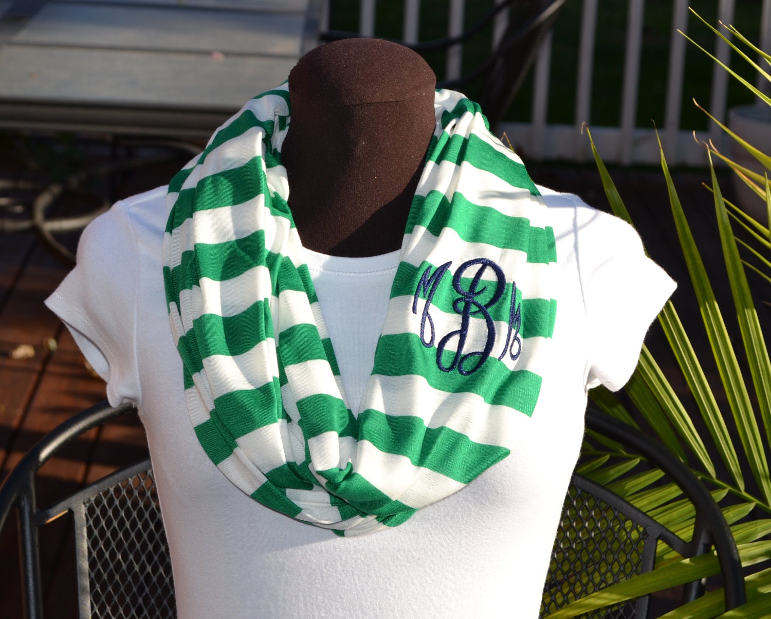 Monogrammed Infinity Scarf Kelly Green and White Stripe Knit Jersey