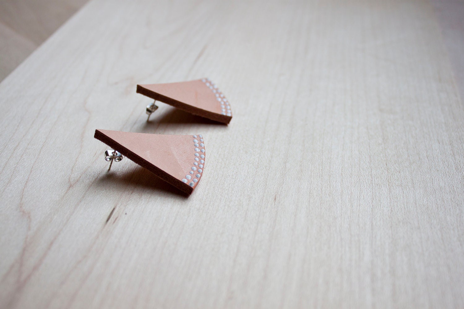 Triangle Dotted Tan and White Leather Post Earrings by Cre8tivesoul