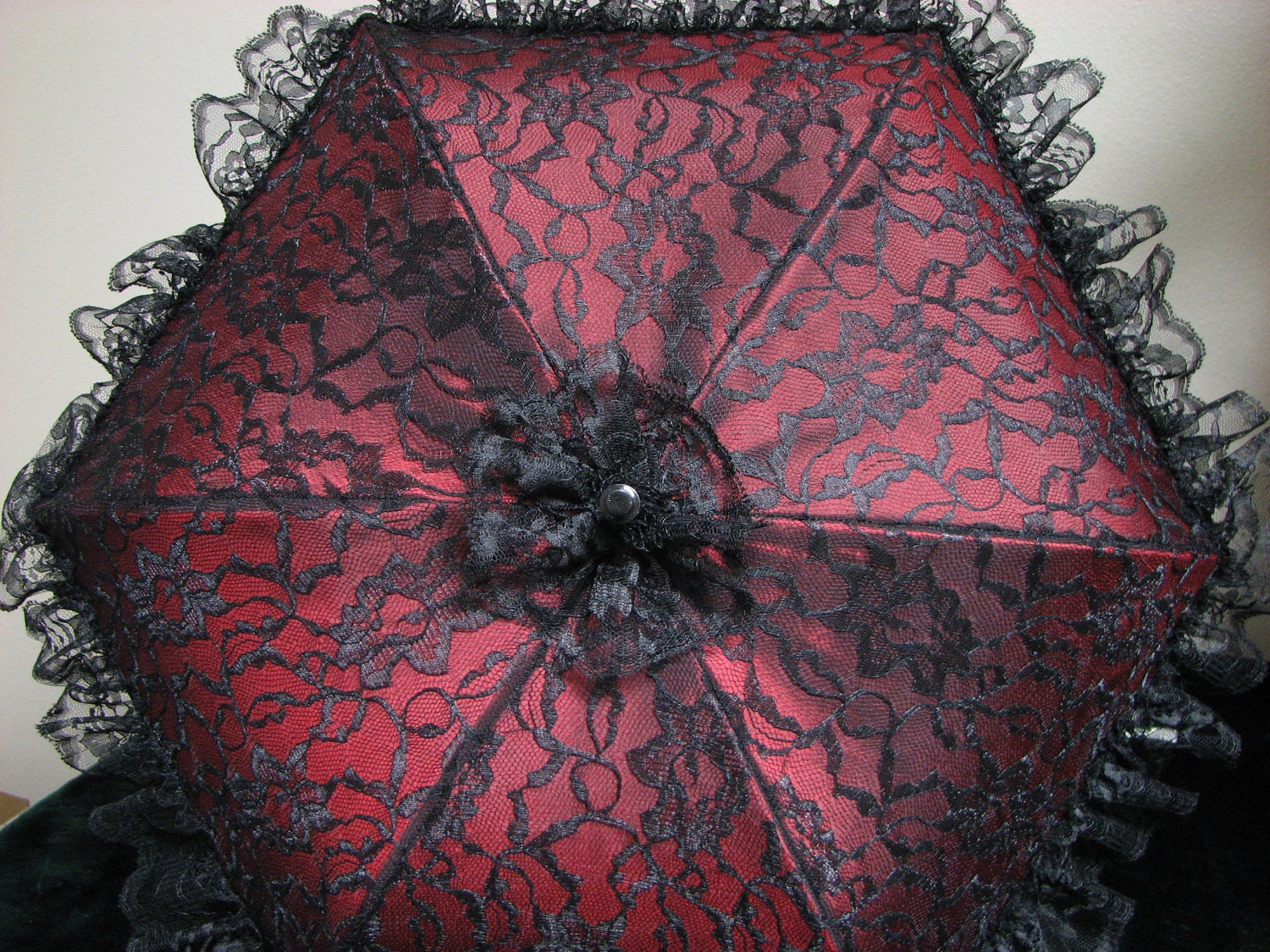 VICTORIAN PARASOL in Deep Red Taffeta Satin with Black Lace Overlay and Black Lace Ruffle