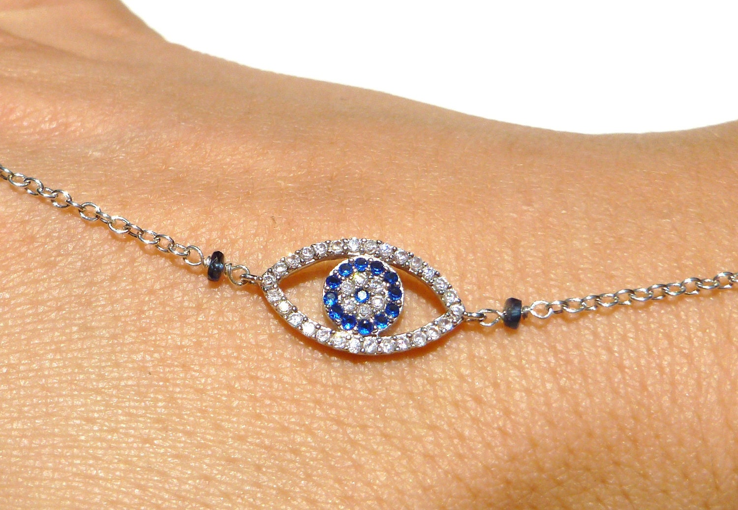 Evil Eye Bracelet Ring Sterling Silver with Cubic Zirconia Evil Eye Charm and AA Natural Color Blue Sapphires and Slave Bracelet