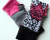 Fingerless Gloves in black/ white cheetah with hot pink emblems, pink knit  and black/white hounds tooth - Recycled tweed  - fleece lined