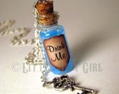 Drink Me Alice in Wonderland - Glass Bottle Cork Necklace with Key - Potion Vial Charm - Blue Liquid Shimmer - Magic Spells