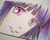 Original ACEO - Anime Manga Purple Hair Girl - OOAK ATC Glitter Illustration - Pink Eyes - Copic Markers - Sketch Card