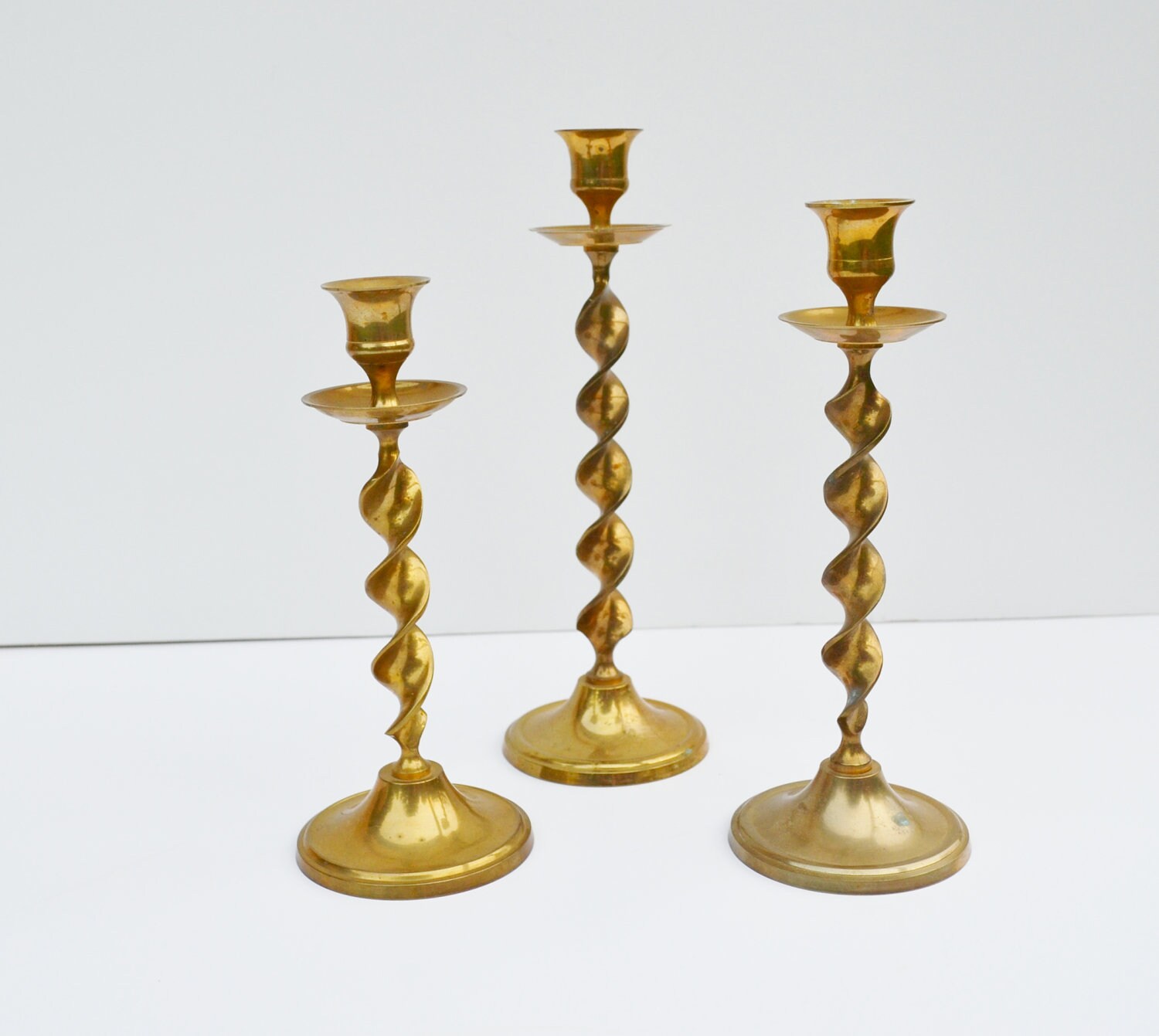 Vintage Brass Candle Holders Set Of 3 Solid Brass By Judysjunktion 0539