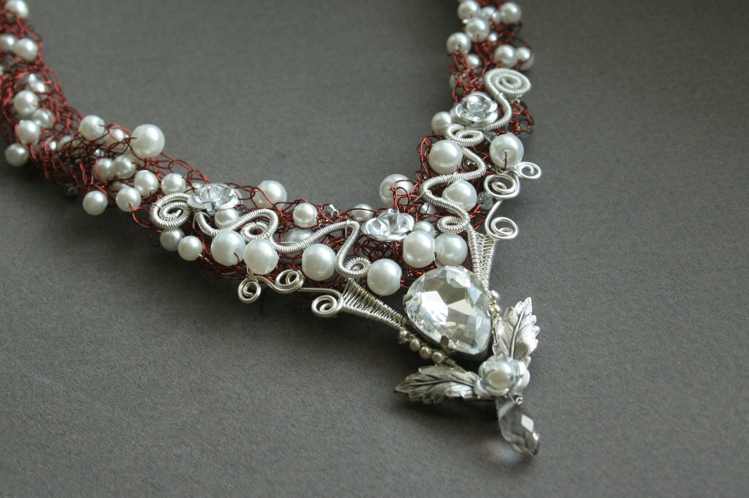 Chocolate Cream Roses - statement necklace of white glass pearls on brown wire crocheted with silver plated wire wrapped roses