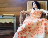 Vintage 70s Summer Orange White Maxi Patio Dress Plus Size Kay Windsor