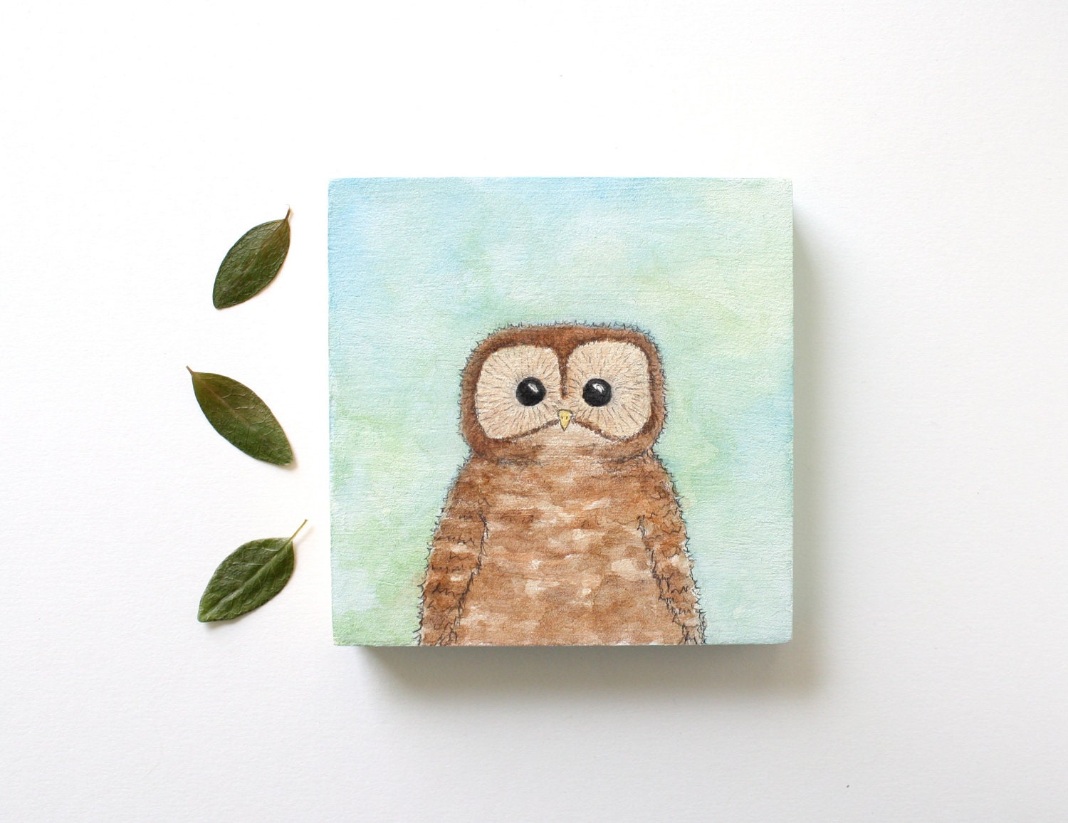 Owl Watercolor Painting on Wood Panel