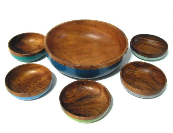 Wood Bowls - 6 piece bowl set - Large Salad bowl and 5 small bowls