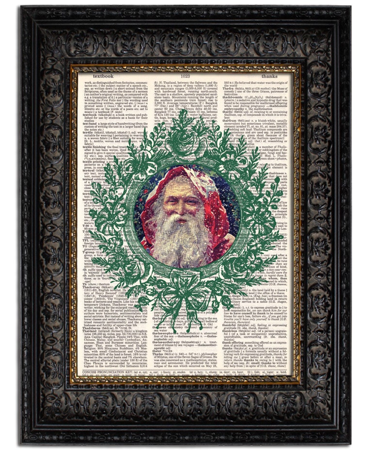 Christmas Decor, Holiday Home Decor, VINTAGE SANTA with Green WREATH Ornament, 8x10 vintage dictionary art print