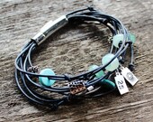 Personalized Silver, Leather and Genuine Gemstone Bracelet with Initial Tags