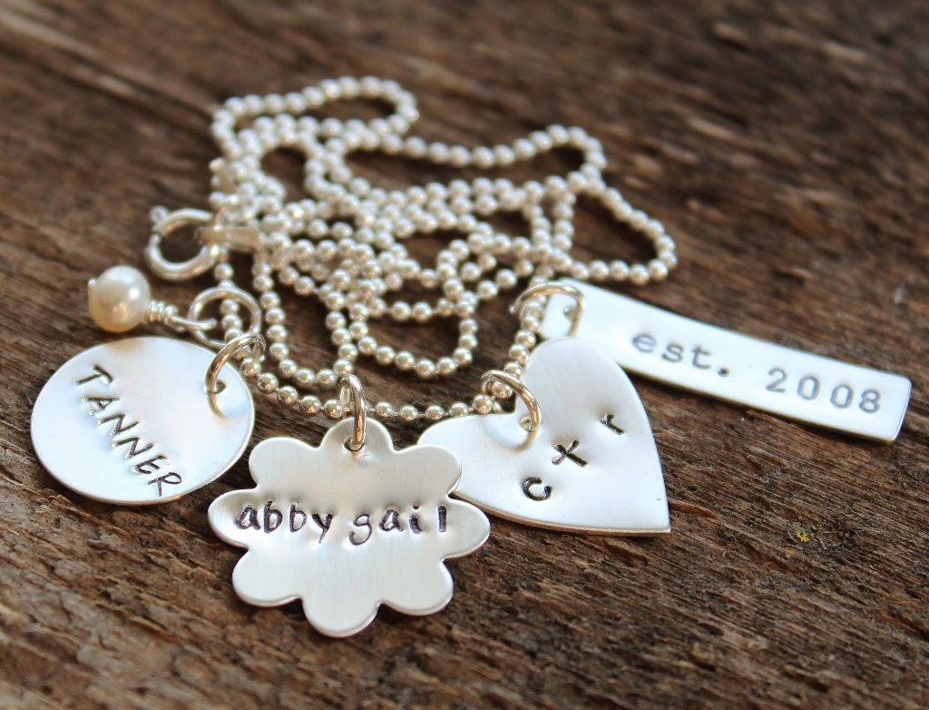 Personalized Family Names Multi Charm Necklace - Sterling Silver Hand Stamped 4 Charms of Choice, Mommy, Grandma, Gift Necklace