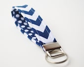 Handmade Chevron Key Fob, Key Chain, Fabric Wristlet - Navy Blue and White