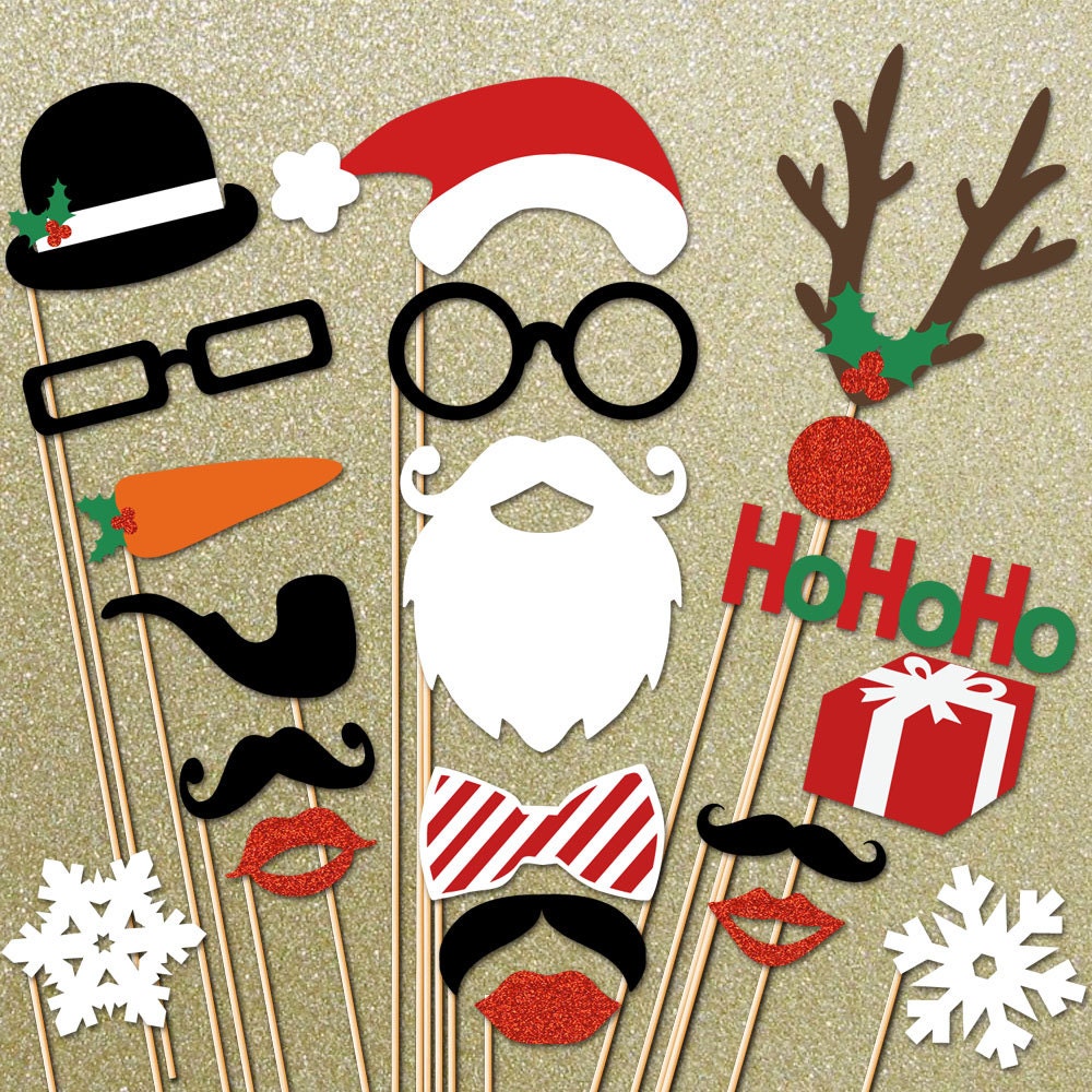 Christmas GLITTER Photo Booth Props - 20 Piece Holidays Photo Props set - Santa Photobooth Props