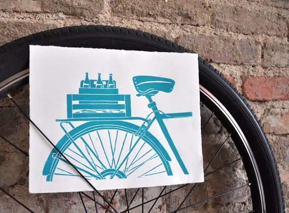 Beer and Bike Turquoise Linocut Relief Print - Printmaking Bicycle Commuter Messenger Microbrew Beer