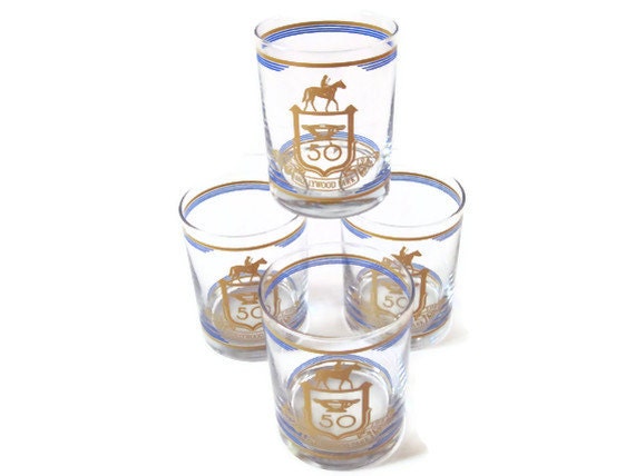 Hollywood Park Cocktail Glasses, 50th Anniversary Glasses, Set of 4, Vintage Barware, Original Box