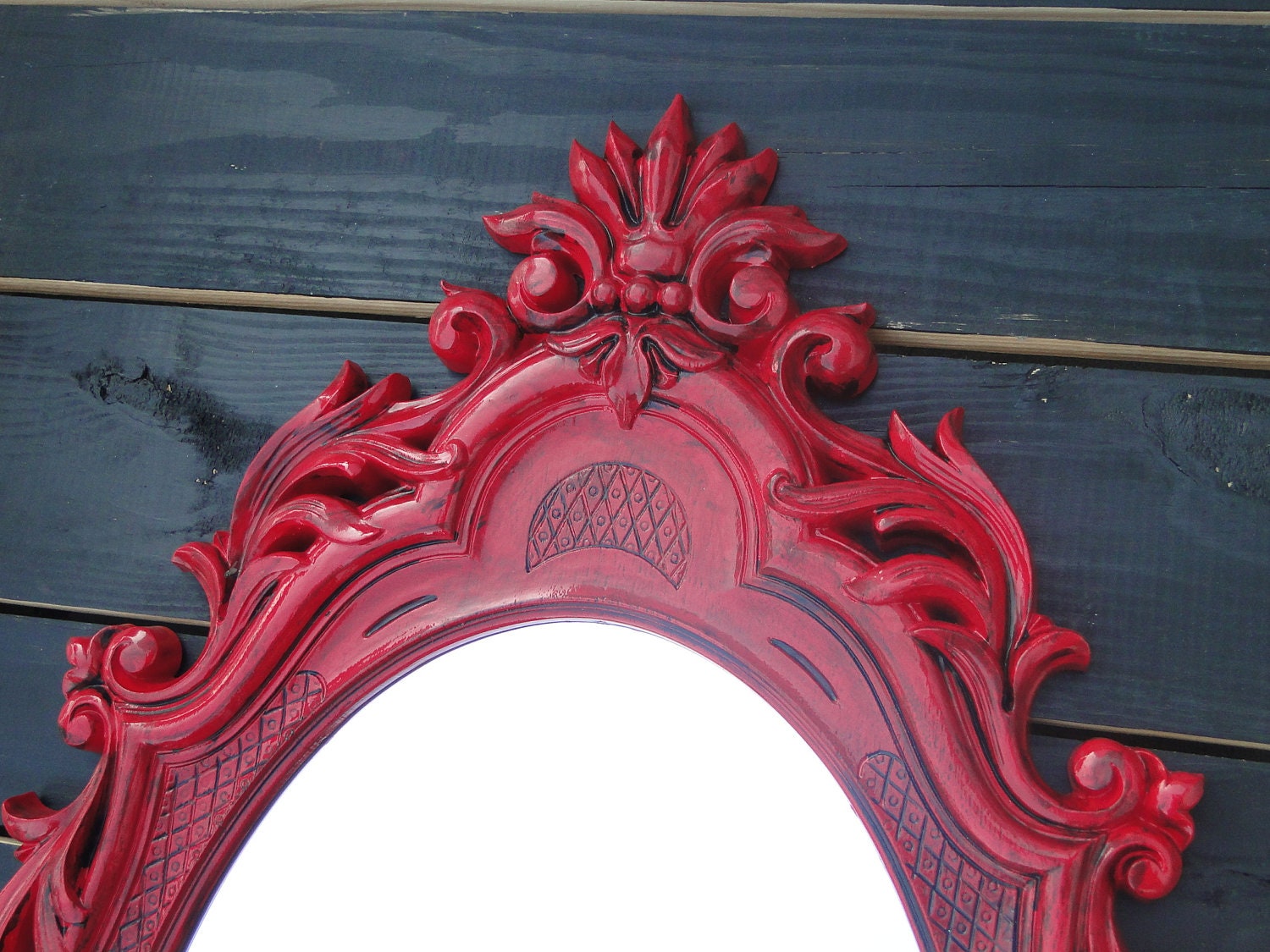 Large Ornate Vintage Mirror Wall Mirror Hollywood Regency Statement Piece Bright Red Patina Vanity Halloween "Bloody Mary"
