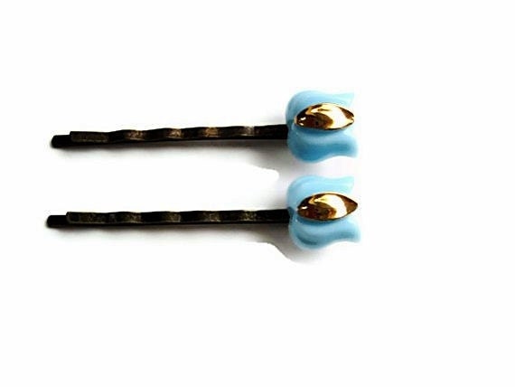 Turquoise and Gold Tulip Bobby Pins, Vintage Glass