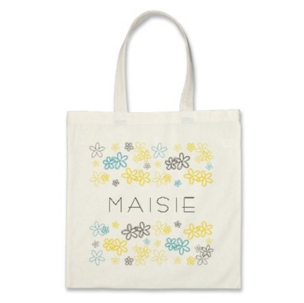 Girl Personalized Tote Bag or Party Favor - Flower Power Name Tote Bag in Ocean Blue/Charcoal Grey/Country Yellow
