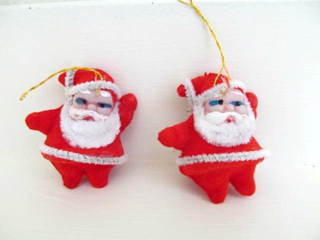 Two Vintage Miniature Flocked Santa Claus Christmas Ornaments with Chenille Trim, Retro 1960s Kitsch Holiday Decorations