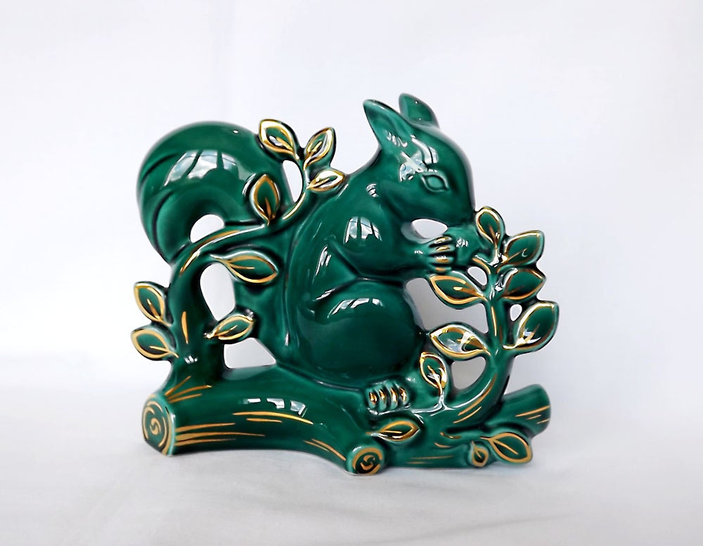 French ceramic squirrel in teal - 1950s