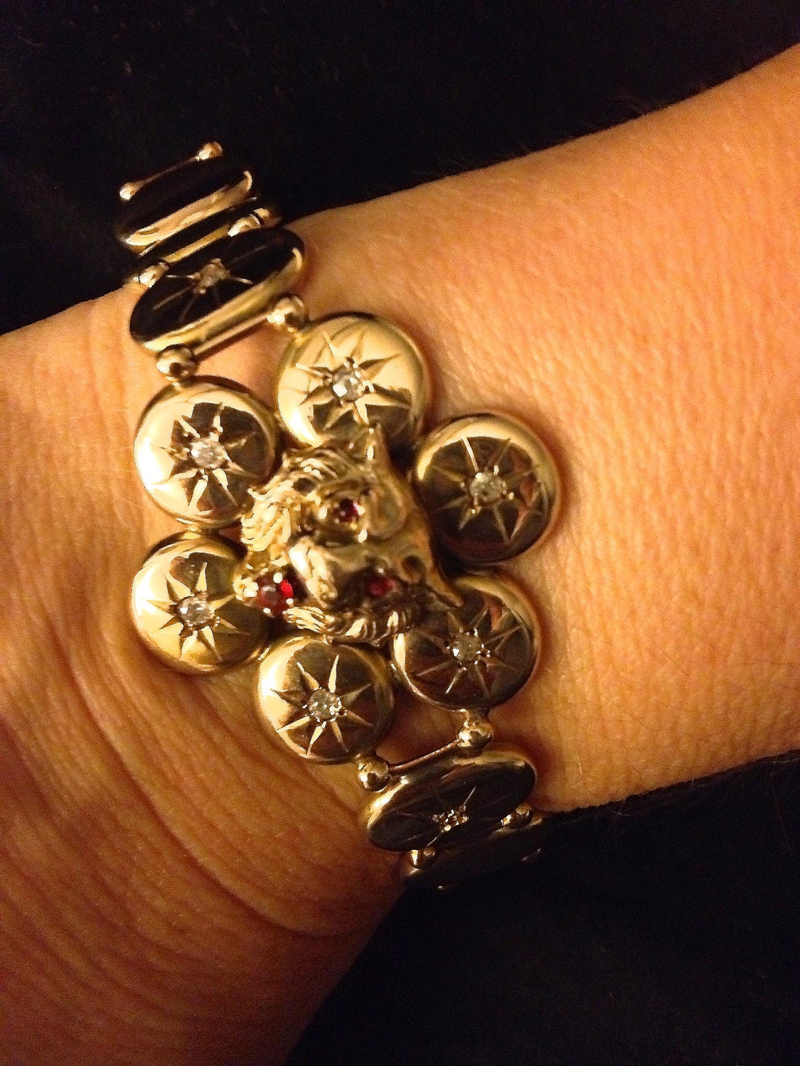 Something Old: Victorian Bracelet, 10k, w/ Lion Head, Diamonds, Rubies, Valentines