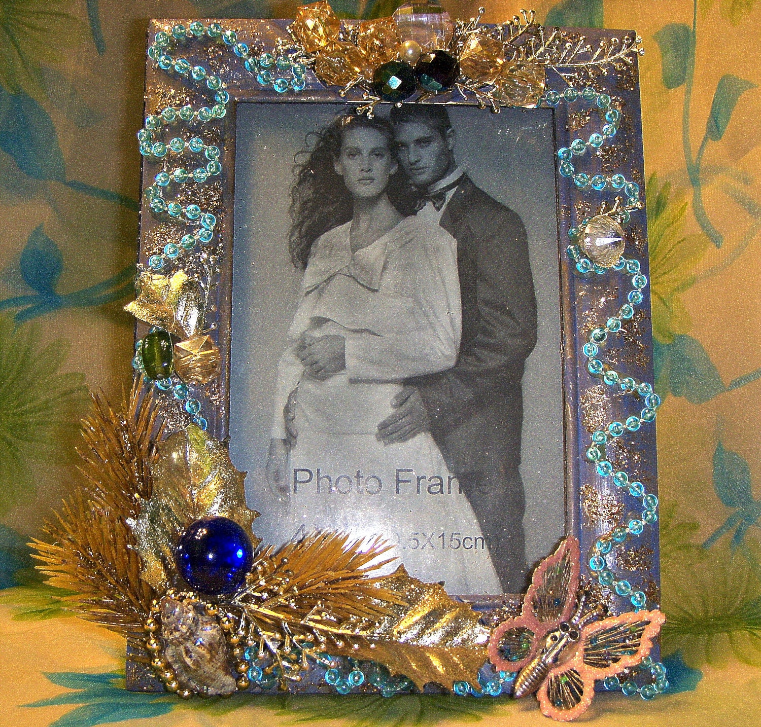 Etsy Picture Frame - MovableArt wedding photo frame Mixed Media - OOAK  4X6 blue