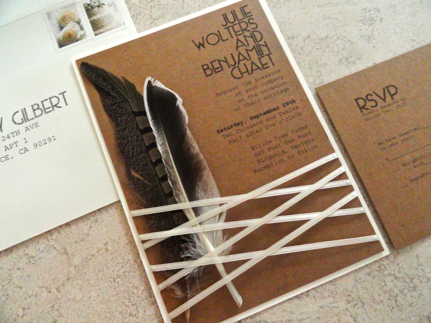 Rustic Wedding Invitations - INDIAN SUMMER - Ivory, Kraft and Feather Wedding Invitations