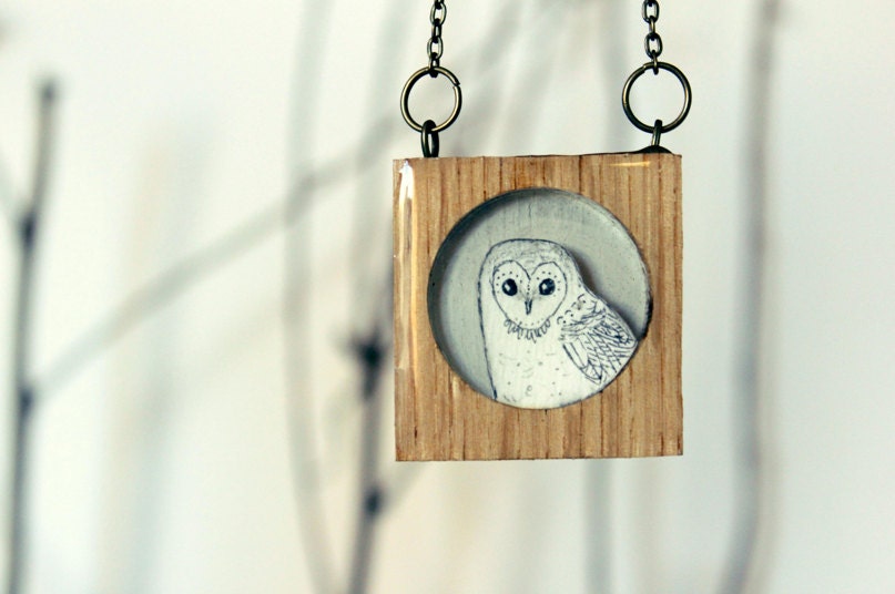 winter owl wooden frame necklace- unique woodland necklace