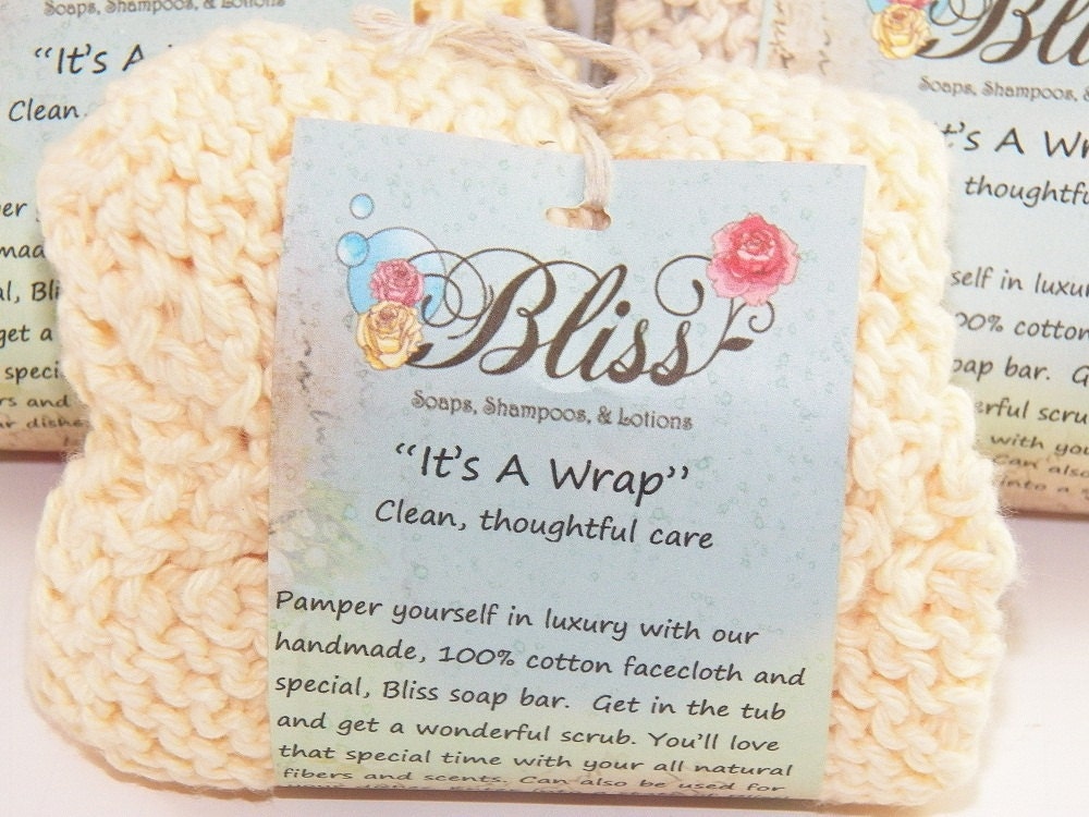 It's A Wrap, Handknit facecloth and homemade soap bar by Bliss Soaps, Shampoos, & Lotions.  Clean, thoughtful care