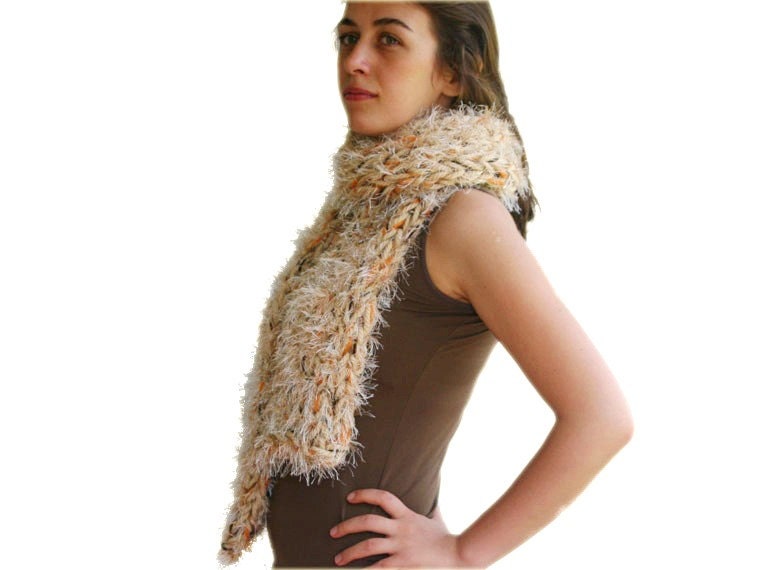 Alpaca Long Scarf in Beige, Cream and Orange - Fall Winter Fashion - Women Teens Accessories - Wrap - Cowl