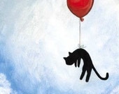 Black Cat Art Print, Red Balloon, Blue Sky, 5x7 Nursery Illustration, Flying Cat Artwork
