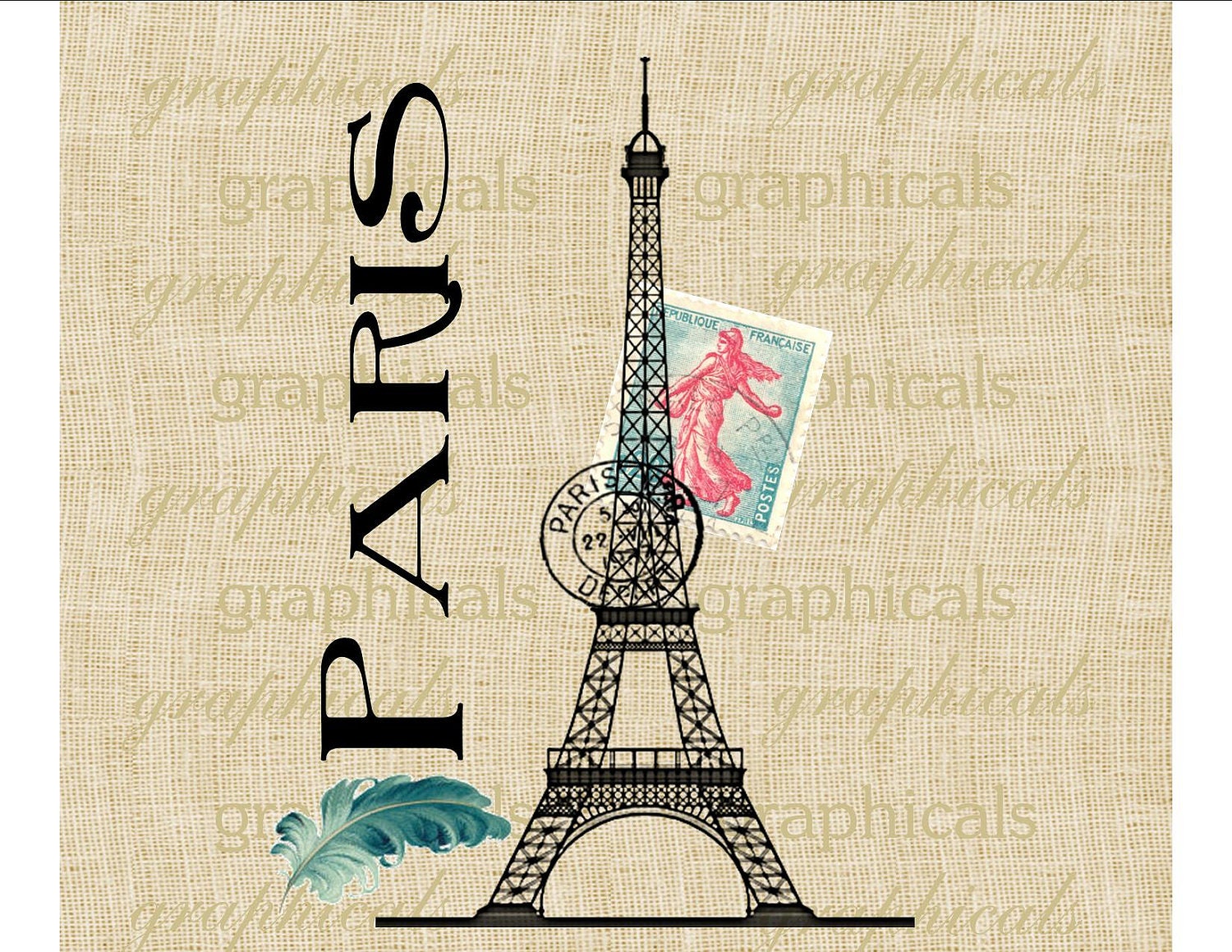 Vintage Eiffel Tower feather pink blue Paris ephemera digital download for fabric transfer decoupage paper burlap pillows cards No. 544