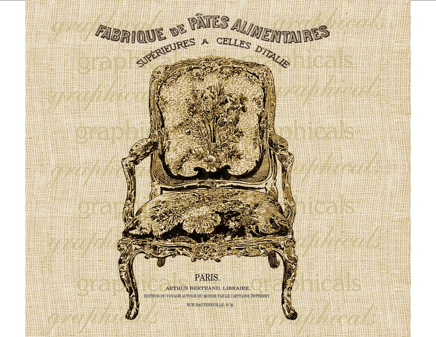 Vintage print French chair ephemera Digital download graphic image for Iron on fabric transfer burlap decoupage pillows cardsNo. 1721
