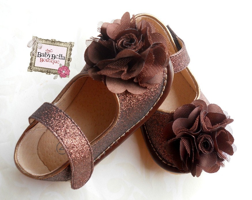 Toddler Brown Sparkle Leather Squeaky Mary Jane/Glitter Brown-  baby girl shoes