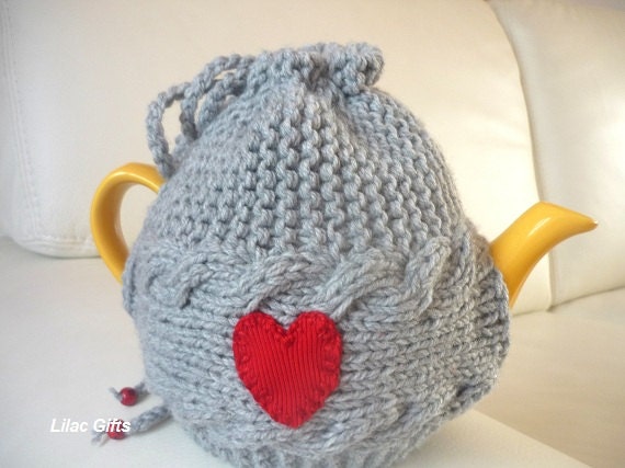TeaPot Cozy, Knitted tea cosy, grey color tea pot cozy with red heart,  grey color, red heart