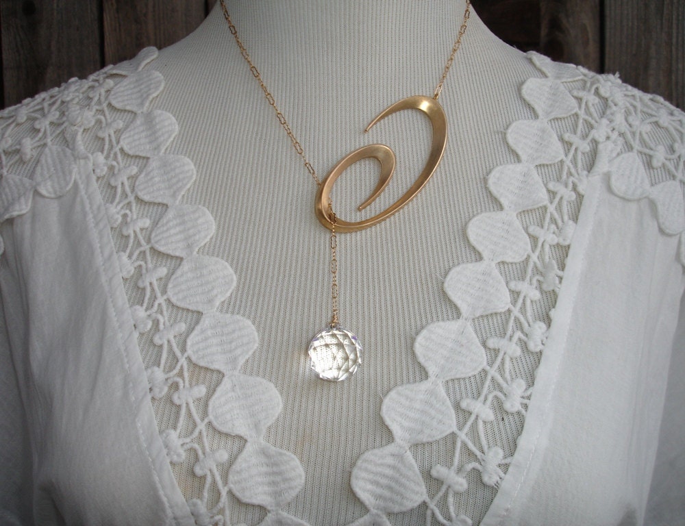 Dramatic Swarovski Large Vintage Pendant Drop Lariat, Unusual Swirl Vintage Brass Stamping, Vintage Gold Plated Peanut Style Chain, Art Deco
