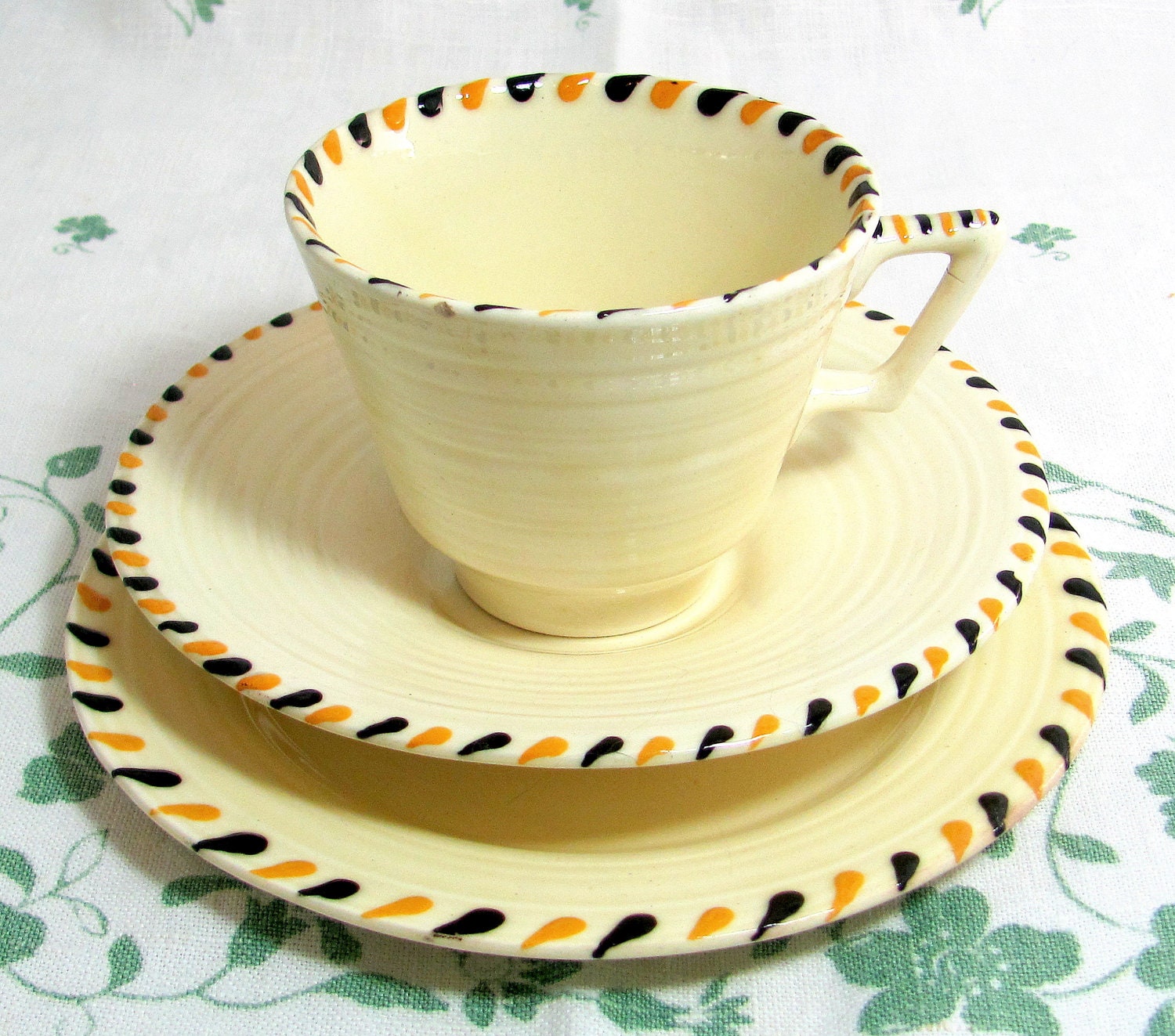 REDUCED Art Deco Stitch-Edge Trio, Vintage Crown Ducal Charlotte Rhead Orange, Black, Cream 'Stitch' Cup Saucer Teaplate 1940s
