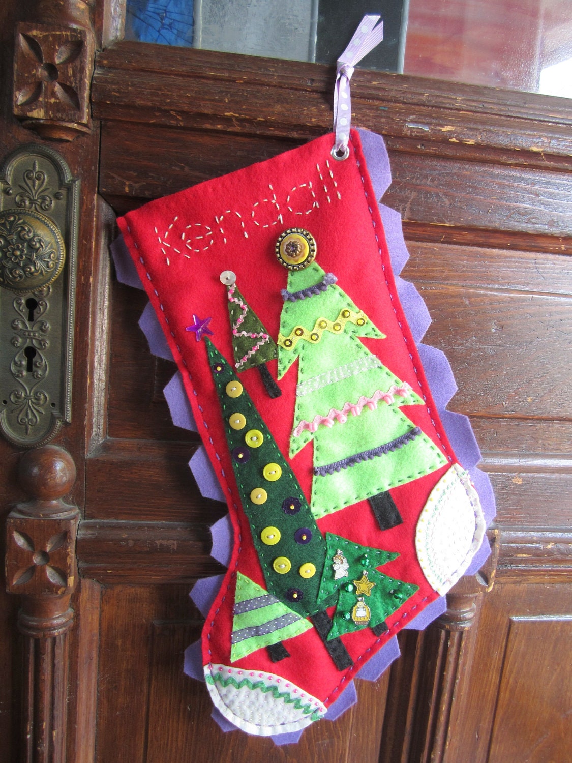 Custom Christmas Stocking Personalized with felt  trees, buttons,  ribbon, sequins, beads